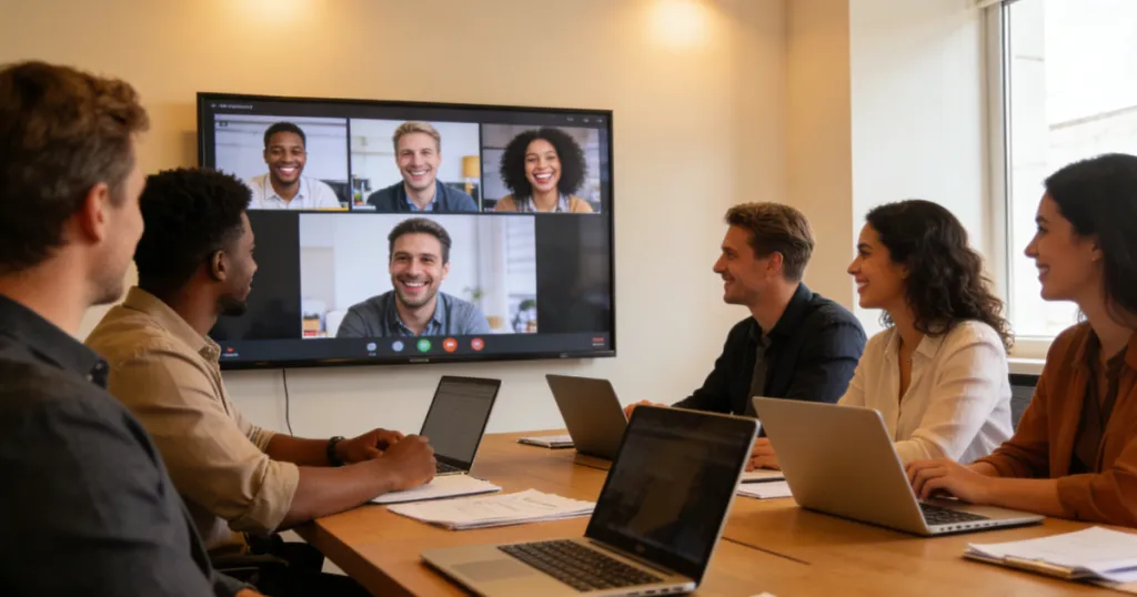 People are happily participating in a hybrid meeting
