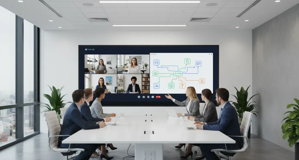 Modern conference room with executives participating in a hybrid video meeting displayed on a large smart board, with digital whiteboard content visible on screen