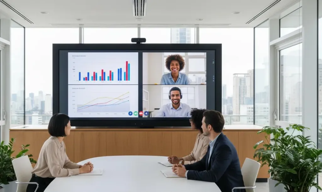 A hybrid meeting in progress showing in-room and remote participants collaborating seamlessly through a large interactive display in a glass-walled conference room