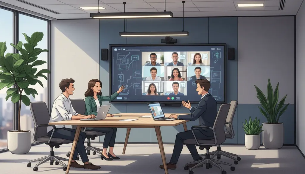 Modern conference room with an interactive smart display on the wall showing remote participants on a video call, three professionals collaborating at a table with laptops, natural lighting, and indoor plants