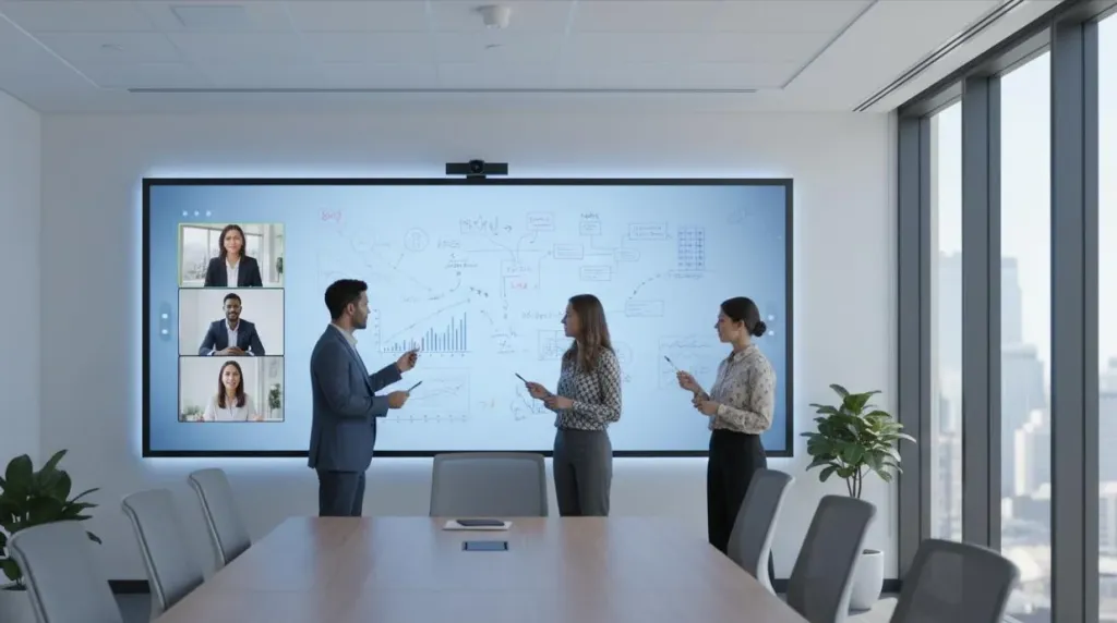 Teammitglieder interagieren gemeinsam mit einem Touchscreen-Whiteboard in einem hybriden Meeting