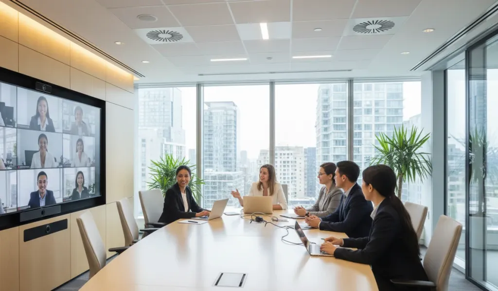 Hybrides Meeting-Setup mit lokalen Teilnehmern am Konferenztisch und Remote-Teilnehmern auf dem großen Display