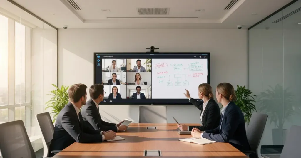 Hybrides Meeting mit interaktivem Display, das Videokonferenz und Whiteboard gleichzeitig anzeigt