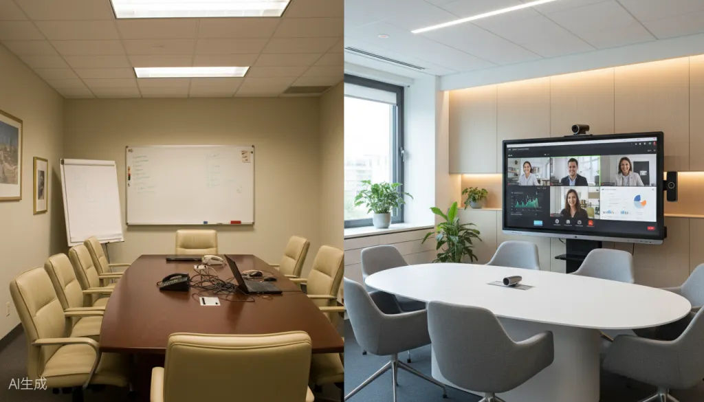 Figure 2: Comparison between traditional meeting room limitations and modern hybrid office design capabilities