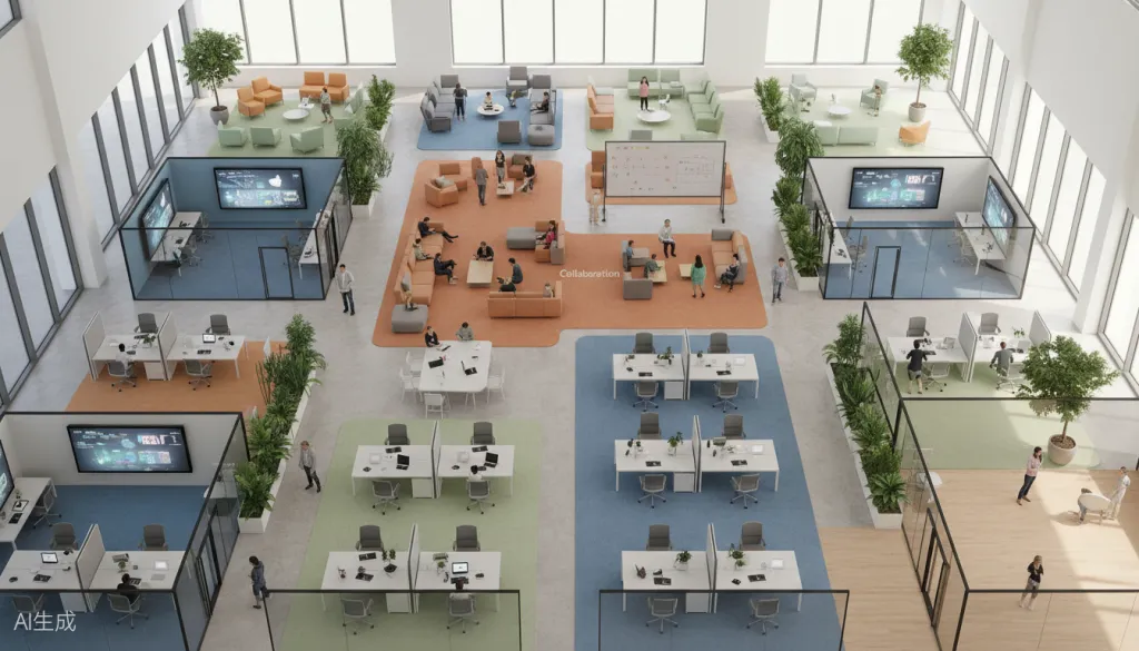 Figure 5: Aerial view of a modern hybrid office layout with designated collaboration zones and interactive displays