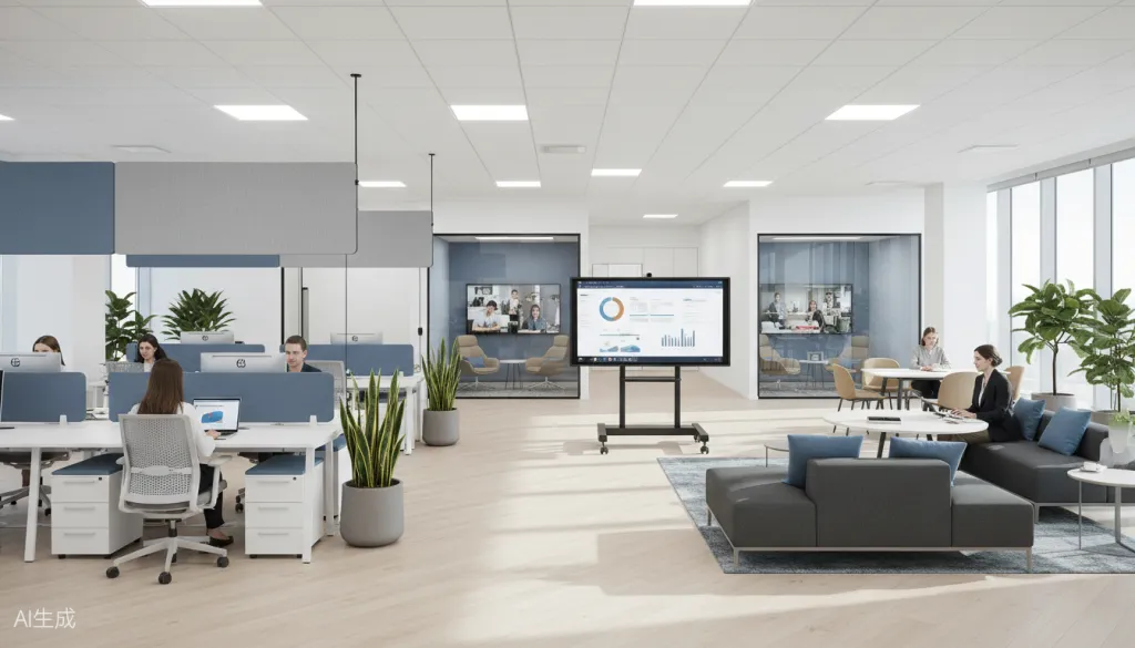 Figure 3: Modern hybrid office layout with flexible workspaces and interactive collaboration zones