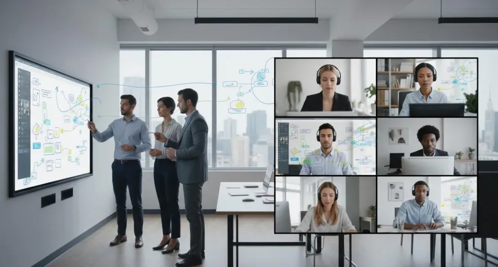 Split-screen view showing in-office team and remote participants collaborating on the same digital whiteboard simultaneously