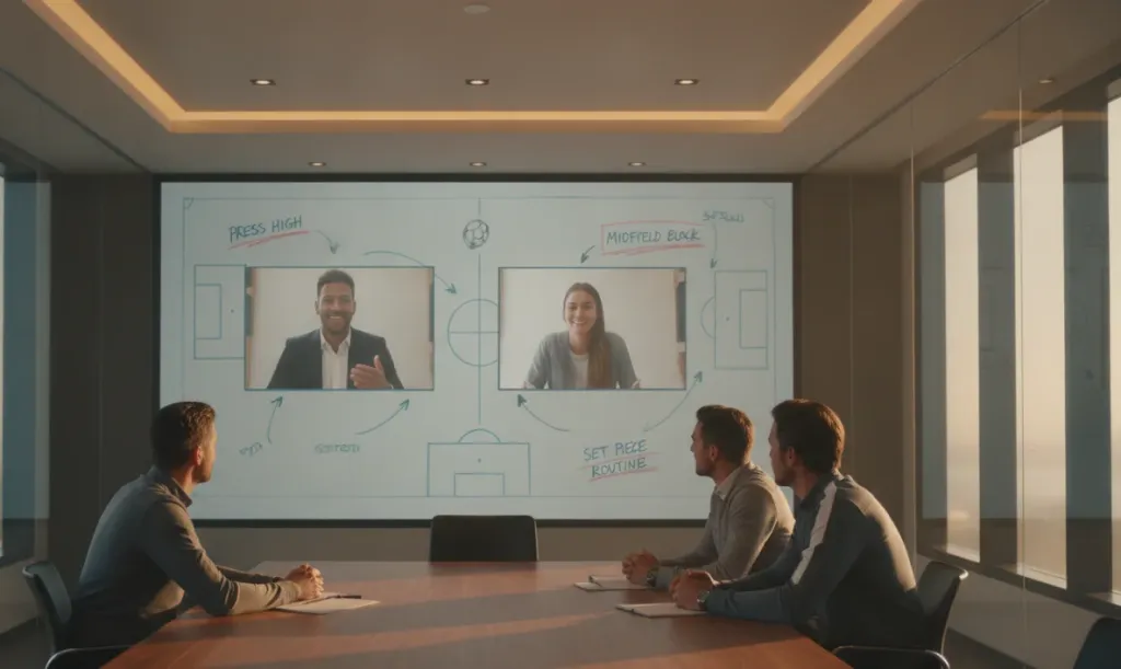 Hybrid collaboration meeting with in-room coaches and remote team members participating via video conference on a shared digital whiteboard with football tactical drawings