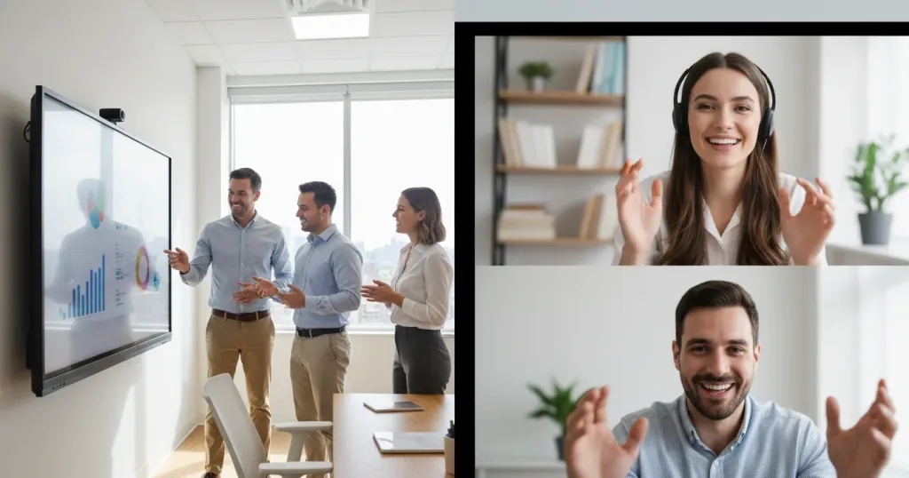 split-screen view of hybrid work meeting with in-office team and remote participants collaborating through an interactive display