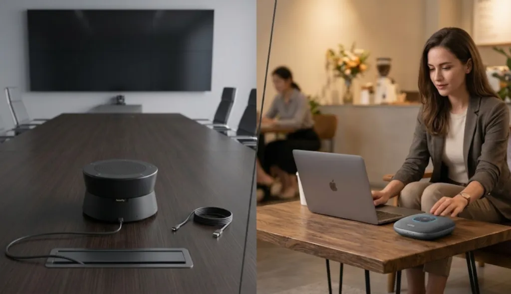 left shows a wired USB conference speakerphone in a meeting room; right shows a hybrid worker using a Bluetooth speakerphone in a café.