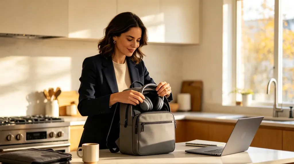 Lifestyle image of a hybrid worker packing a wireless USB headset into a backpack for mobile work