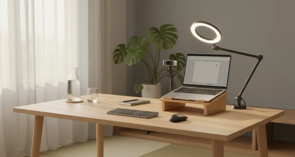 理想的なWeb会議デスクセットアップ。スタンド設置のWebカメラ、リングライト、ノートPCスタンドが整った状態