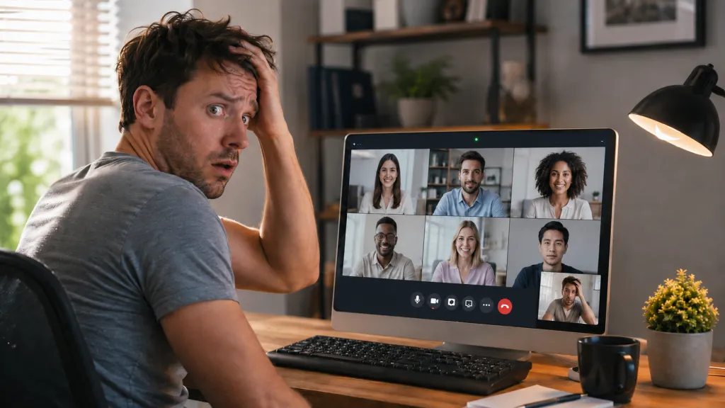 A surprised man realizes his computer’s built-in webcam is still on during a video meeting, with the camera indicator light glowing on the monitor.