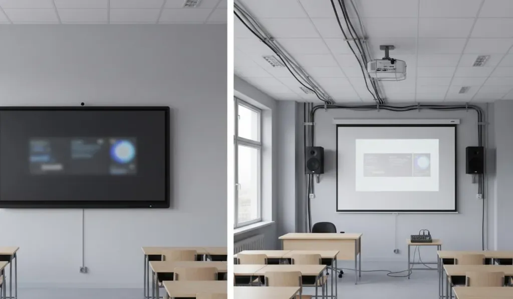 Side-by-side comparison of a clean wall-mounted smart board installation versus a complex projector setup with ceiling mounts, visible cables, and external speakers