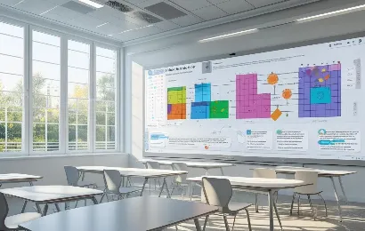 a modern classroom with a board for students