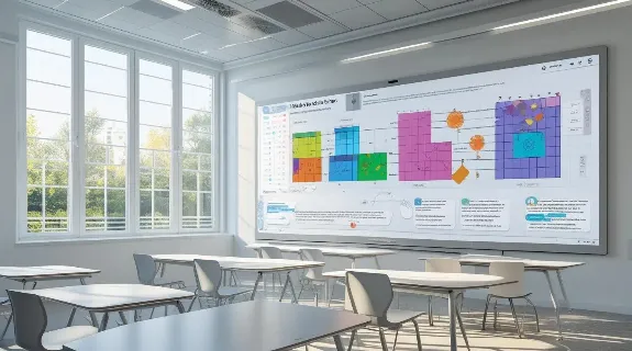 a modern classroom with a board for students