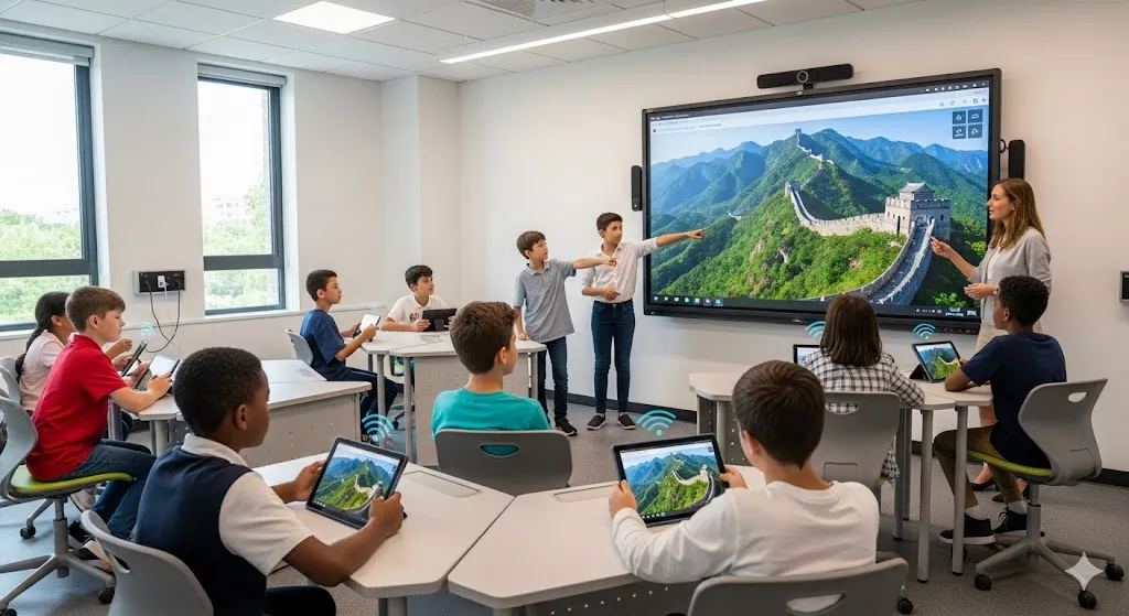 A teacher and diverse students are actively engaged in a collaborative learning session using a large interactive display that features a high-definition virtual tour of the Great Wall of China.