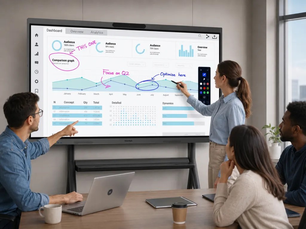 Team collaborating on NearHub Board Max using touchscreen annotation during a meeting