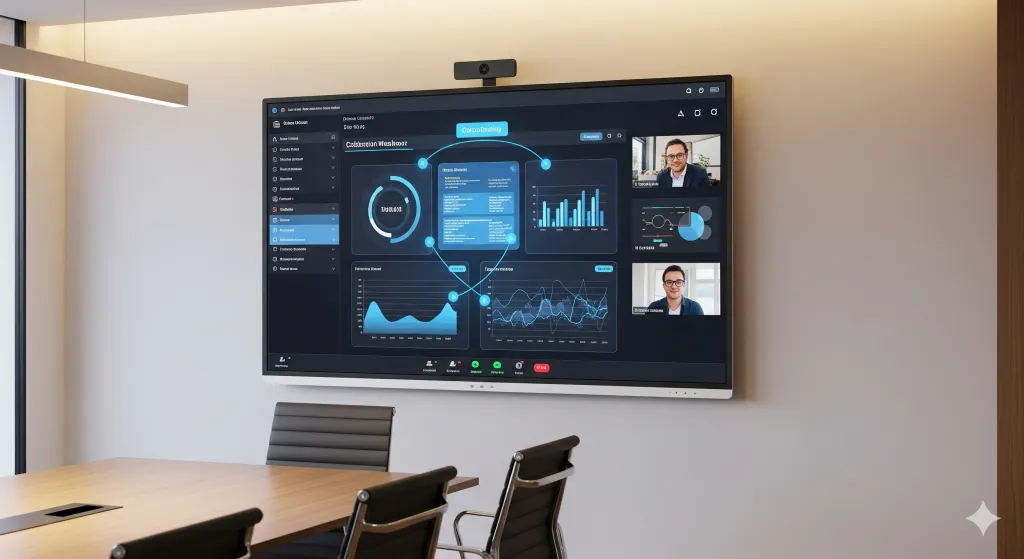 Interactive flat panel on wall showing data dashboard