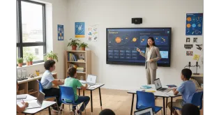a teacher has class with the interactive flat panel