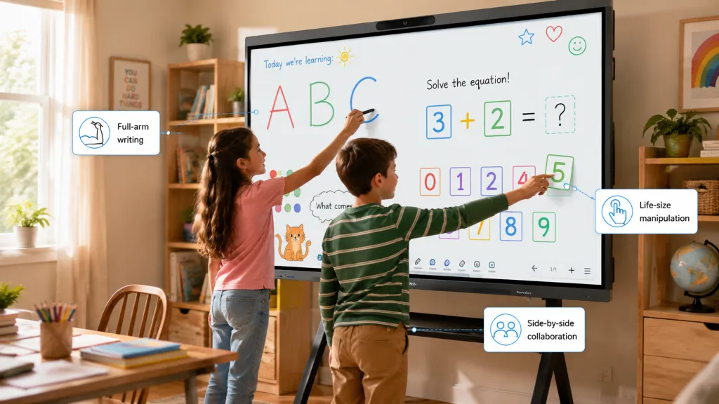 Two children using a NearHub Board Max for full-arm writing, life-size number manipulation, and side-by-side collaboration.