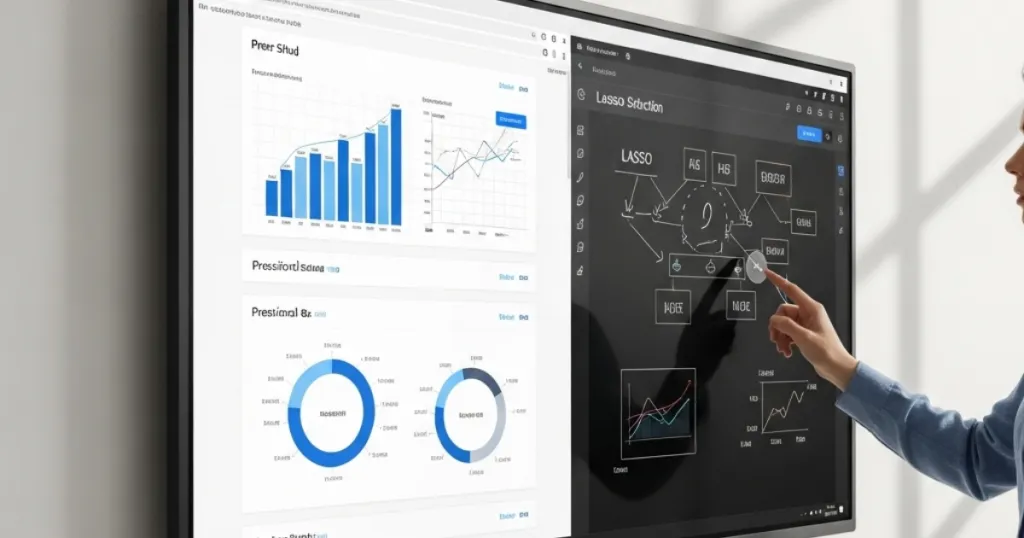 A smart whiteboard displaying a Word document and a whiteboard app simultaneously.