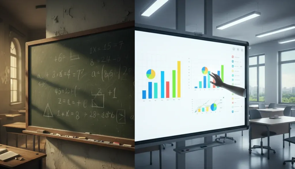 Vergleichsszene: Traditionelle Kreidetafel neben modernem interaktivem Display in einem Klassenzimmer