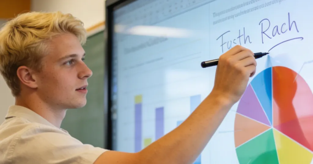 a man is using interactive whiteboard