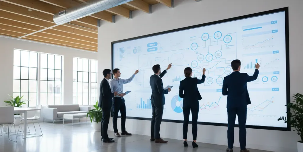 Business-Team arbeitet kollaborativ an einem interaktiven Whiteboard-Display
