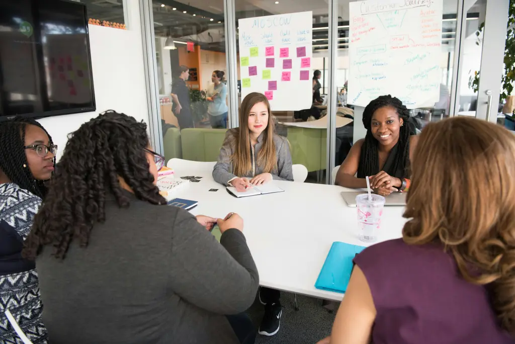 A diverse team collaborating on a project using a large interactive whiteboard in a modern conference room