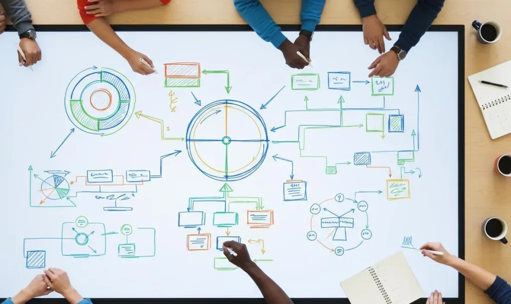 Overhead view of a diverse team actively brainstorming on an interactive whiteboard with colorful digital diagrams and mind maps