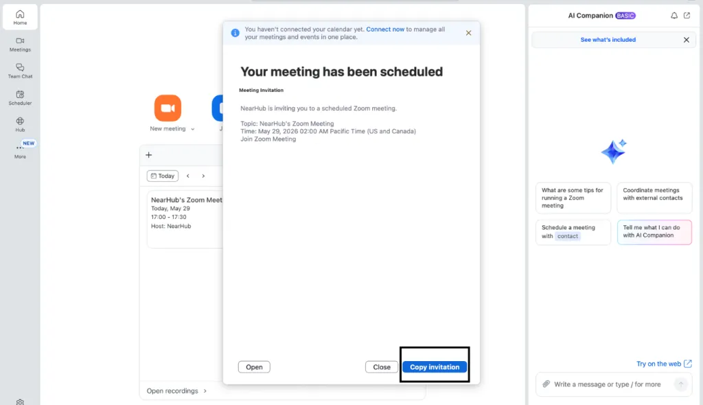 Copy the Zoom invitation or meeting link from the scheduled meeting details.
