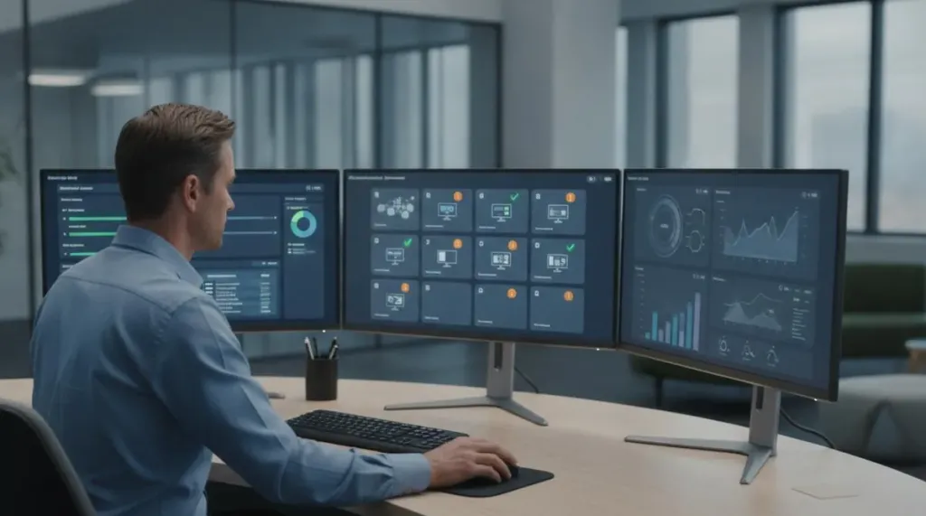 IT professional at a modern desk reviewing device management dashboards across multiple monitors showing managed interactive displays and system analytics