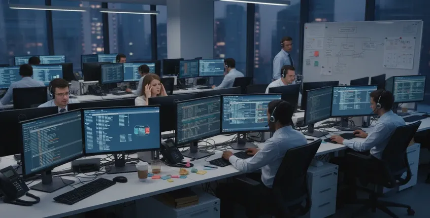 Busy IT help desk team handling numerous headset-related audio support tickets in modern corporate office environment