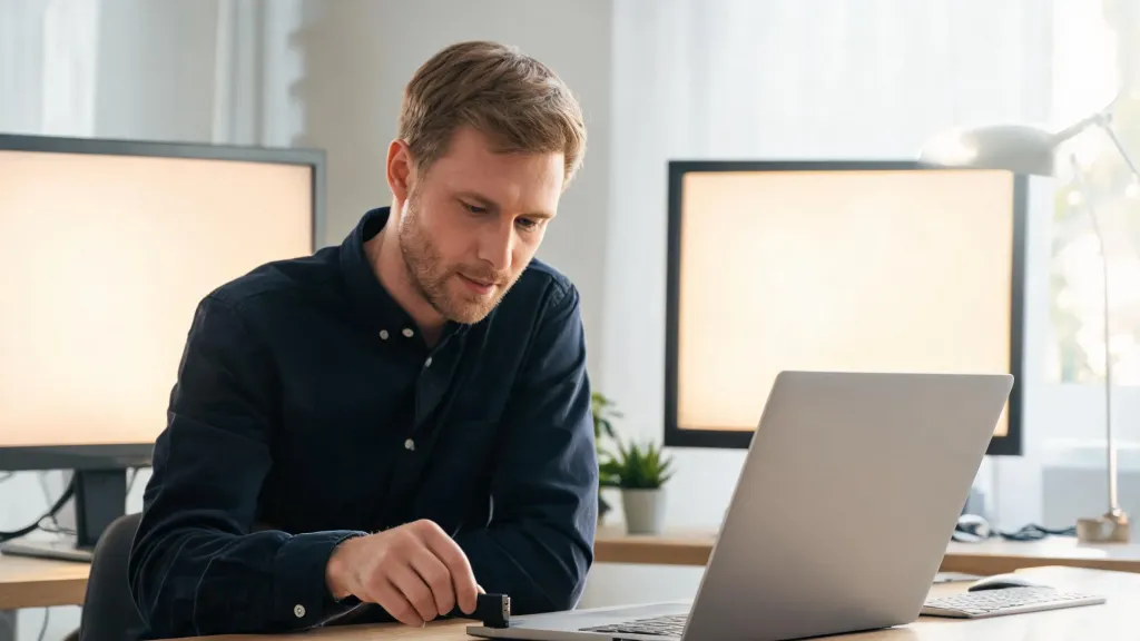 A male IT professional connecting a wireless USB dongle to a laptop in a modern tech workspace