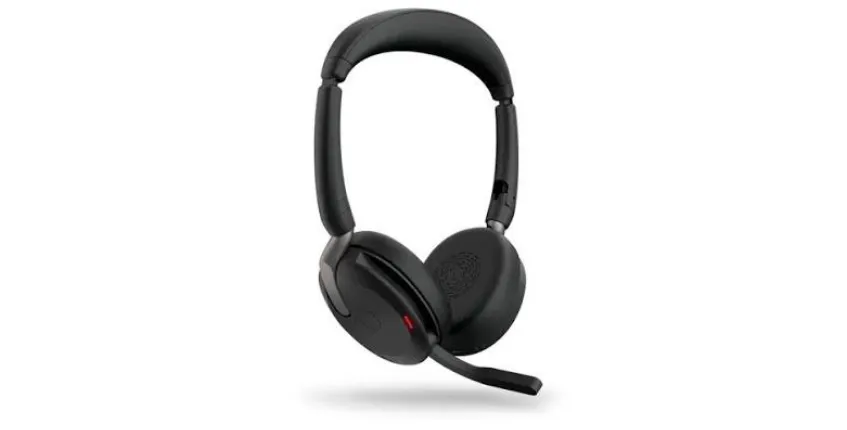 A lightweight wireless business headset with an adjustable boom microphone and an on-ear design.