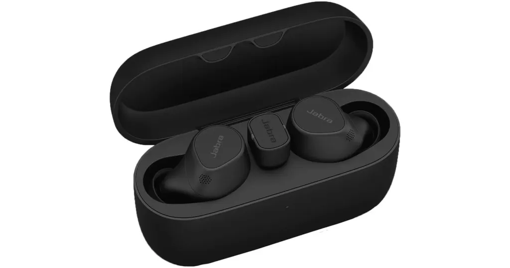 a black jabra earbuds in the picture