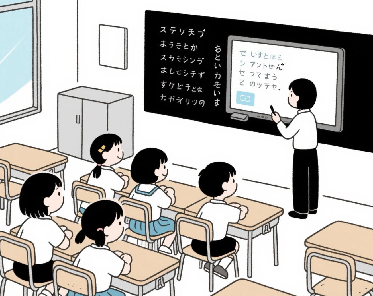 小学校で電子ホワイトボードで授業をしている
