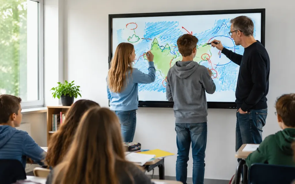 Ein Schüler präsentiert einen Gruppenaspekt am interaktiven Whiteboard, während die Klasse mitverfolgt