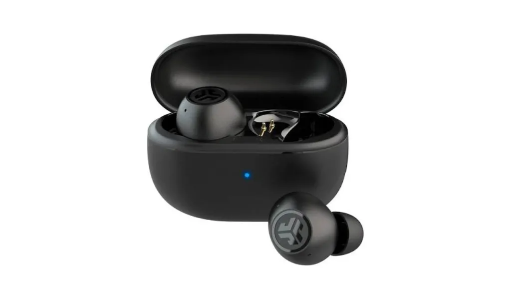 JLab Go Pop ANC true wireless earbuds in open black charging case with blue LED indicator on white background