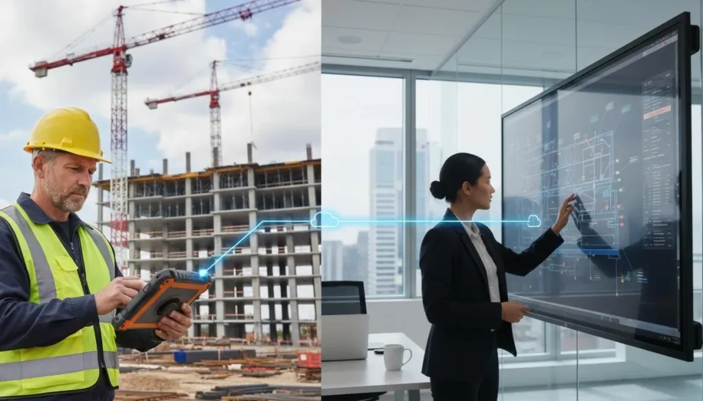 Split view showing a field superintendent with a tablet at a construction site connected via cloud to a project manager using an interactive smart board in a modern office