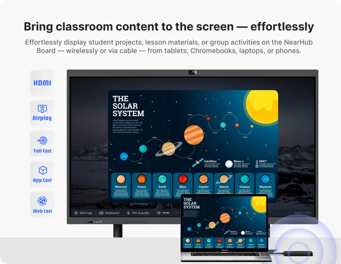 4K UHD NearHub Board S Pro whiteboard touch screen with anti-glare display for smooth digital writing