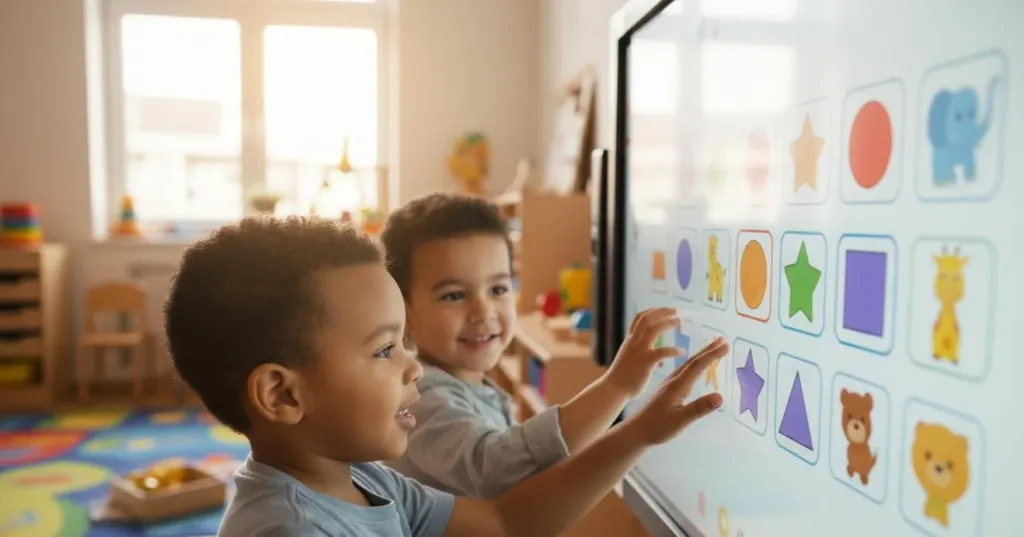 Young children engaged in a colorful sorting activity on an interactive whiteboard screen
