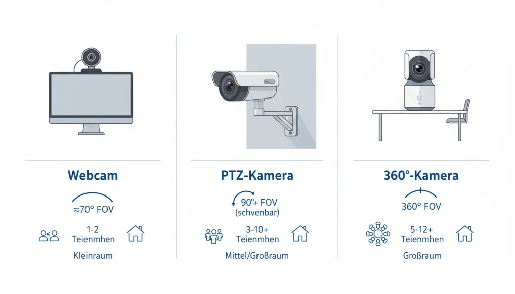 Abbildung 2: Vergleich der drei gängigen Konferenzkamera-Typen: Webcam, PTZ-Kamera und 360°-Kamera mit deren Einsatzgebieten