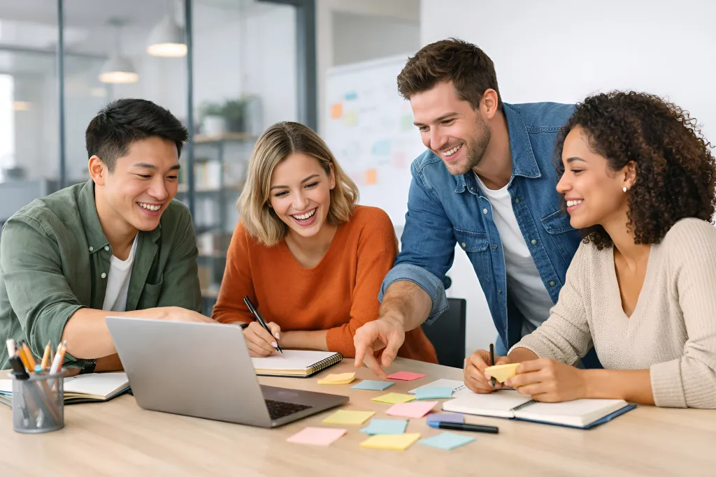 チームビルディング研修で、新入社員研修ゲームのような和やかな雰囲気の中、4人のメンバーが付箋とラップトップを使ってチームワークで大切なコミュニケーションを実践している様子