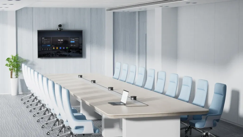 Large conference room solution using multiple Nearity A20S speakerphones connected in a daisy chain for extended audio coverage.