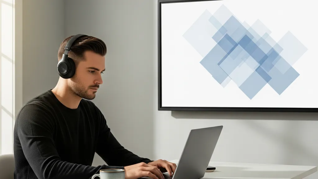 A professional legal transcriptionist wearing headphones and working on a laptop in a modern 2026 home office with a NearHub S Pro board.
