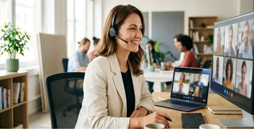 Professional wearing a lightweight wireless headset during a video conference call in a bright office environment