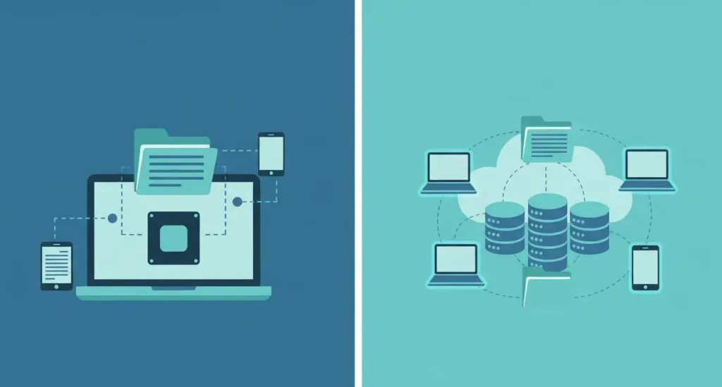 Split-screen comparison showing local storage on laptop versus cloud storage across multiple devices
