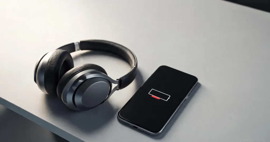 Close-up of wireless headphones on a desk next to a smartphone showing low battery indicator, conveying battery anxiety